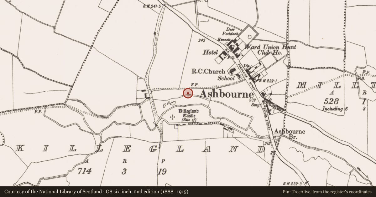 Ordnance Survey six-inch map, 2nd edition (1888–1915) covering the location of Enclosure, Killegland, County Meath, with a pin at the register's coordinates