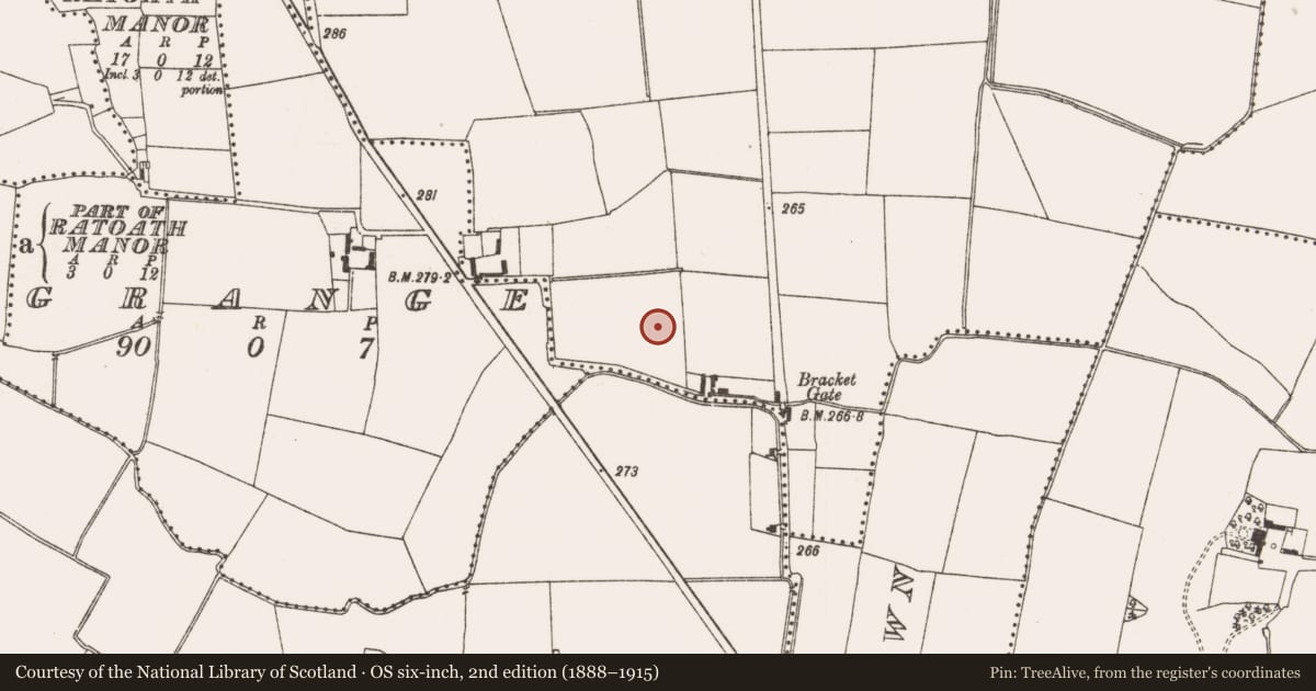 Ordnance Survey six-inch map, 2nd edition (1888–1915) covering the location of Enclosure, Kilrue, County Meath, with a pin at the register's coordinates