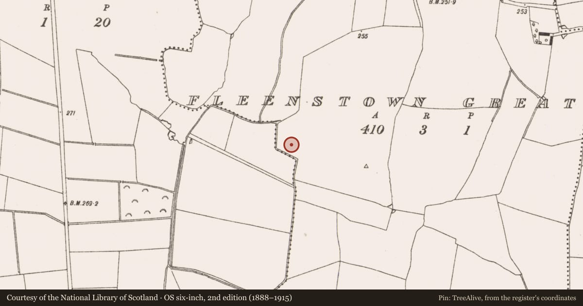Ordnance Survey six-inch map, 2nd edition (1888–1915) covering the location of Enclosure, Fleenstown Great, County Meath, with a pin at the register's coordinates