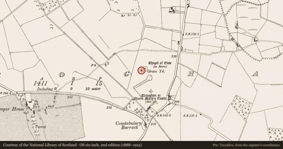 Ordnance Survey six-inch map, 2nd edition (1888–1915) covering the location of Chapel, Ticroghan, County Meath, with a pin at the register's coordinates