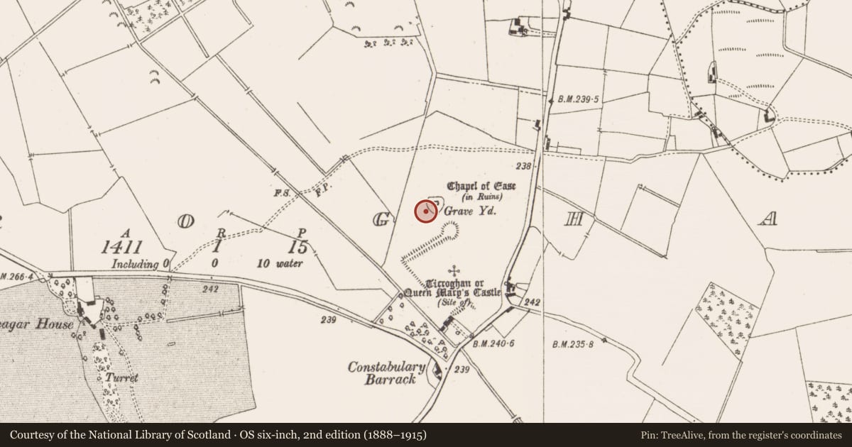 Ordnance Survey six-inch map, 2nd edition (1888–1915) covering the location of Graveyard, Ticroghan, County Meath, with a pin at the register's coordinates