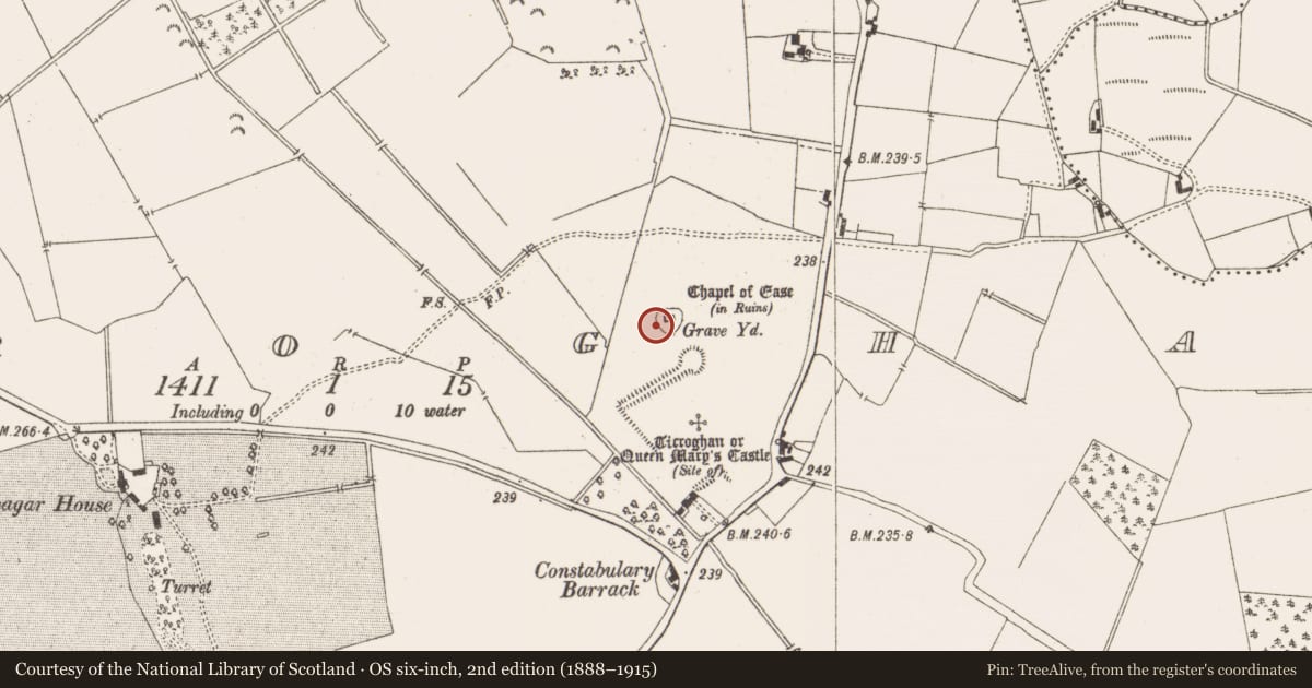 Ordnance Survey six-inch map, 2nd edition (1888–1915) covering the location of Burial Vault, Ticroghan, County Meath, with a pin at the register's coordinates