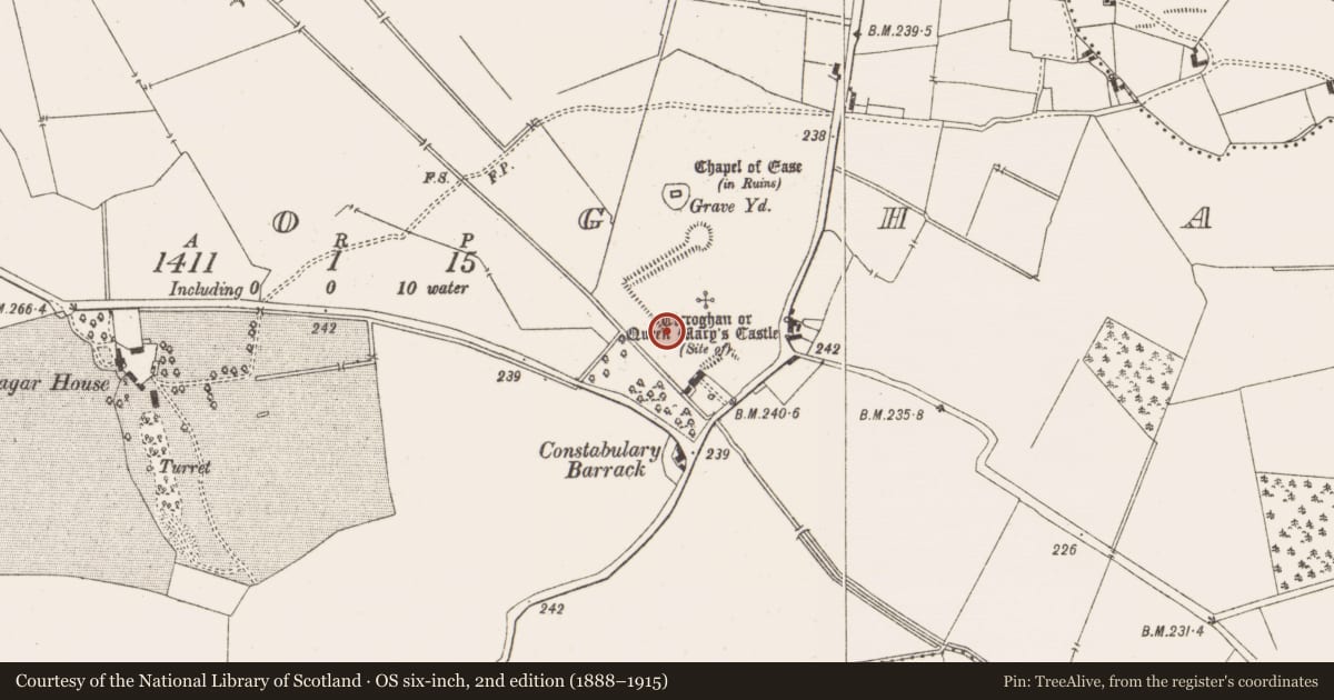 Ordnance Survey six-inch map, 2nd edition (1888–1915) covering the location of Castle - tower house, Ticroghan, County Meath, with a pin at the register's coordinates