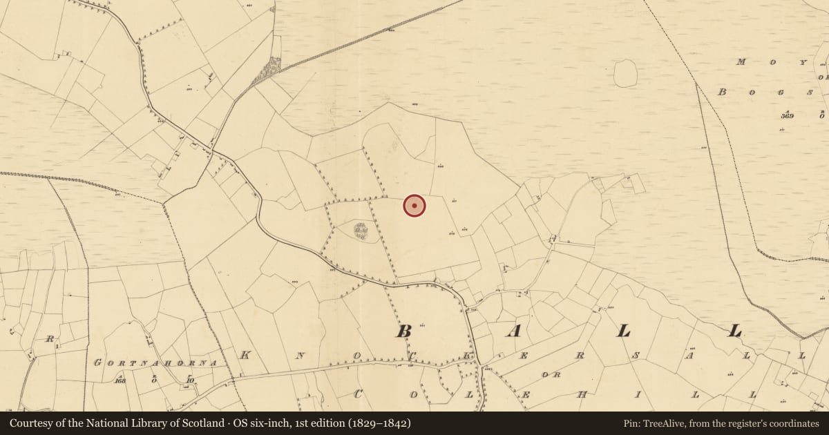 Ordnance Survey six-inch map, 1st edition (1829–1842) covering the location of Enclosure - large enclosure, Knockersally Or Colehill, County Meath, with a pin at the register's coordinates