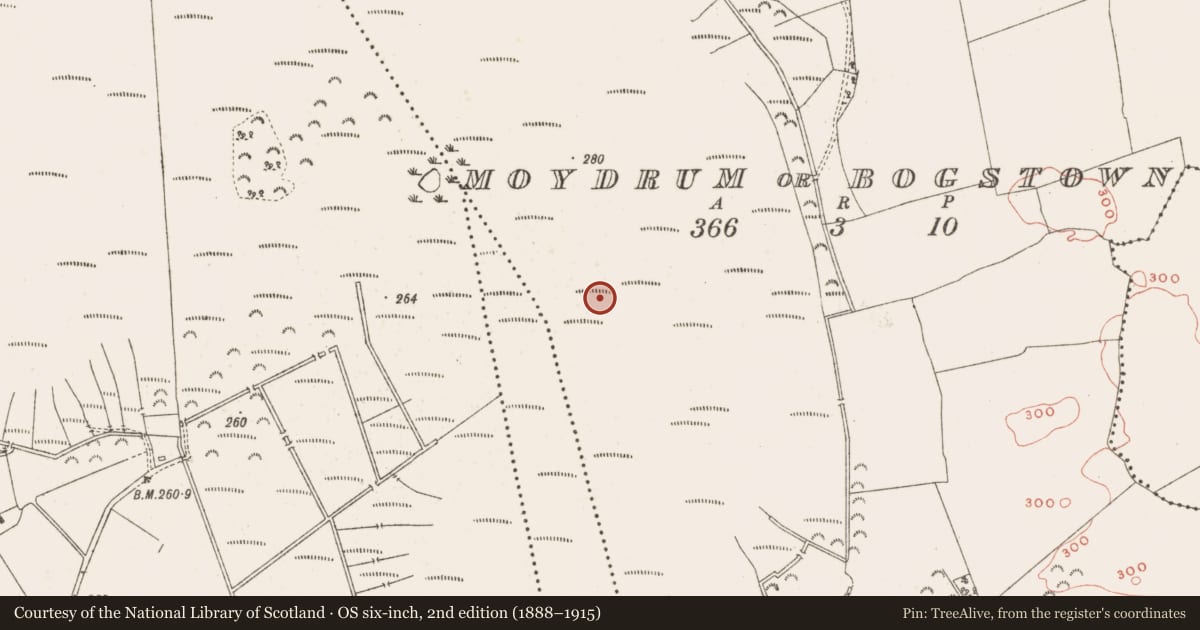 Ordnance Survey six-inch map, 2nd edition (1888–1915) covering the location of Road - class 1 togher, Moydrum Or Bogstown, County Meath, with a pin at the register's coordinates