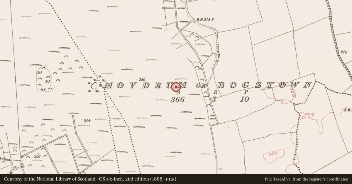 Ordnance Survey six-inch map, 2nd edition (1888–1915) covering the location of Road - class 2 togher, Moydrum Or Bogstown, County Meath, with a pin at the register's coordinates