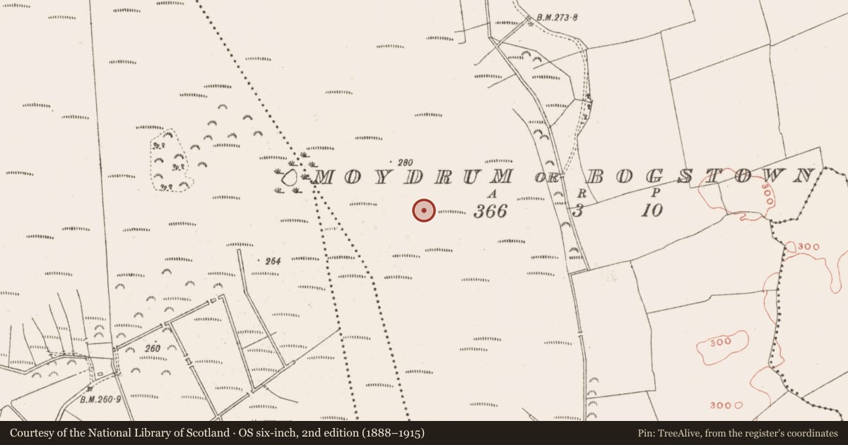 Ordnance Survey six-inch map, 2nd edition (1888–1915) covering the location of Structure - peatland, Moydrum Or Bogstown, County Meath, with a pin at the register's coordinates