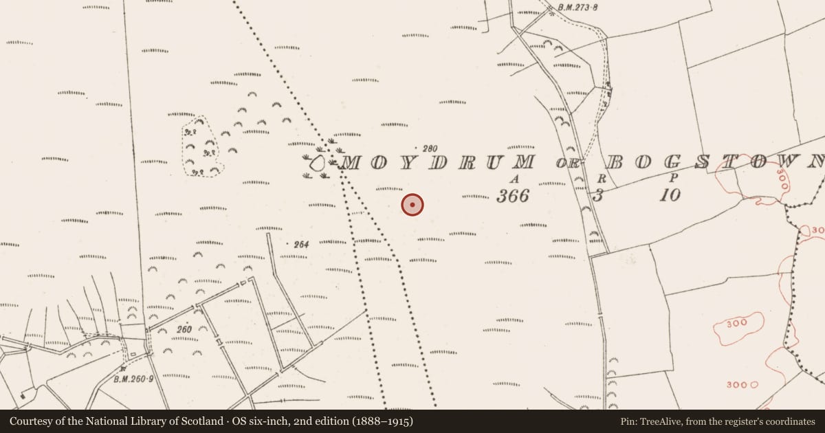 Ordnance Survey six-inch map, 2nd edition (1888–1915) covering the location of Structure - peatland, Moydrum Or Bogstown, County Meath, with a pin at the register's coordinates