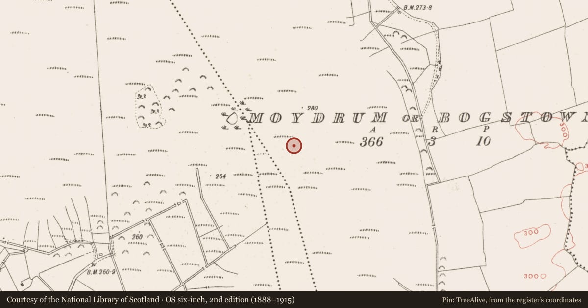 Ordnance Survey six-inch map, 2nd edition (1888–1915) covering the location of Structure - peatland, Moydrum Or Bogstown, County Meath, with a pin at the register's coordinates