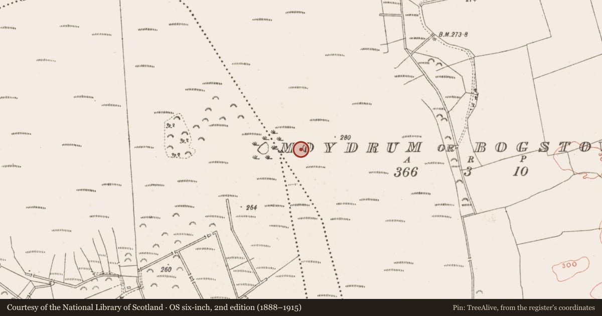Ordnance Survey six-inch map, 2nd edition (1888–1915) covering the location of Road - class 2 togher, Moydrum Or Bogstown, County Meath, with a pin at the register's coordinates