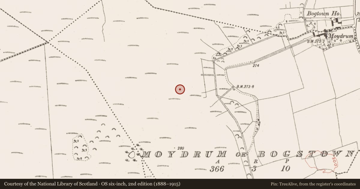 Ordnance Survey six-inch map, 2nd edition (1888–1915) covering the location of Burial, Moydrum Or Bogstown, County Meath, with a pin at the register's coordinates