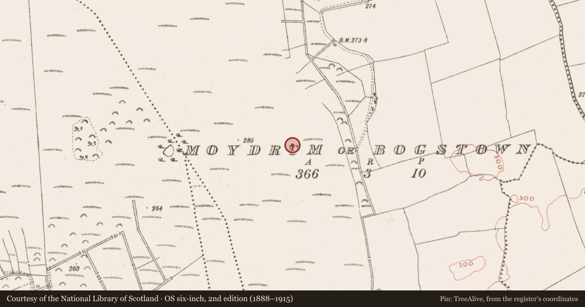 Ordnance Survey six-inch map, 2nd edition (1888–1915) covering the location of Road - class 2 togher, Moydrum Or Bogstown, County Meath, with a pin at the register's coordinates