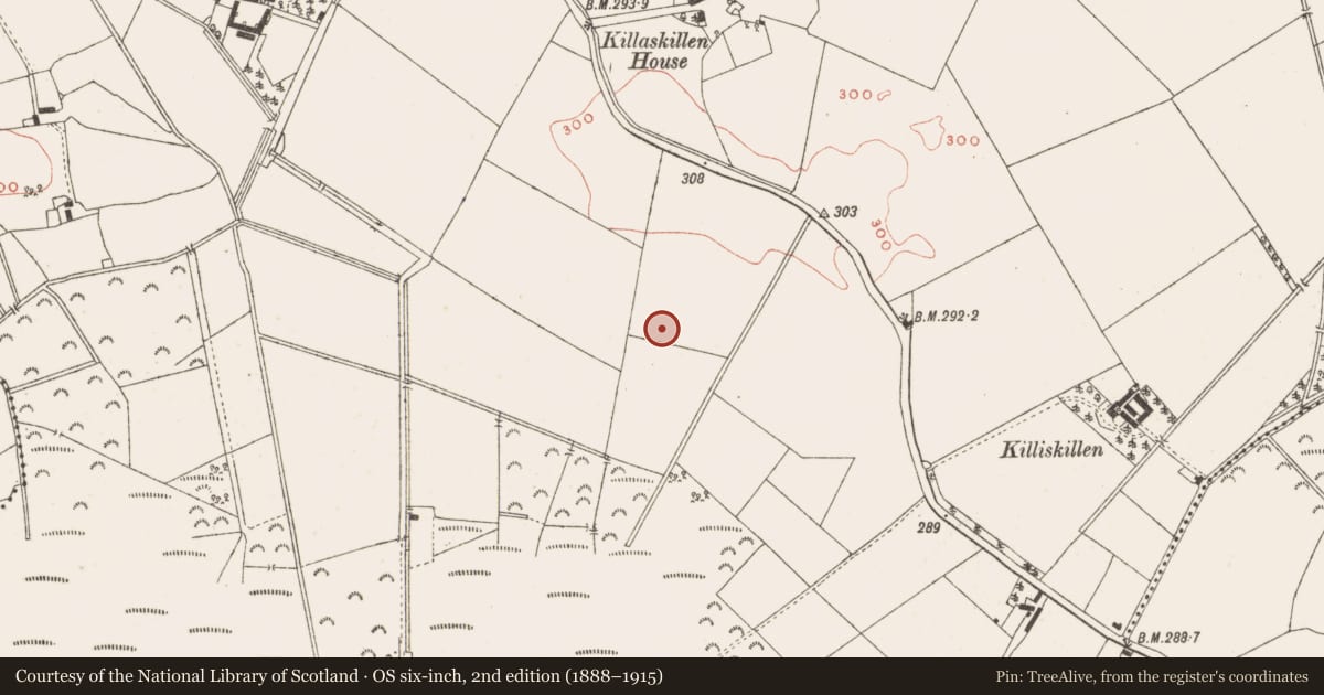 Ordnance Survey six-inch map, 2nd edition (1888–1915) covering the location of Hearth, Killaskilleen, County Meath, with a pin at the register's coordinates
