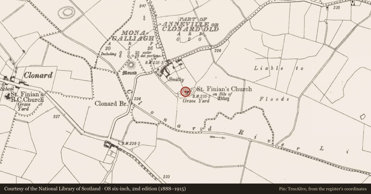Ordnance Survey six-inch map, 2nd edition (1888–1915) covering the location of Church, Anneville Or Clonard Old, County Meath, with a pin at the register's coordinates