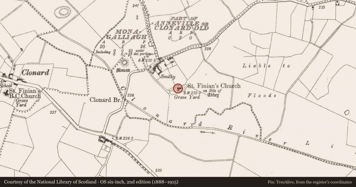 Ordnance Survey six-inch map, 2nd edition (1888–1915) covering the location of Font, Anneville Or Clonard Old, County Meath, with a pin at the register's coordinates