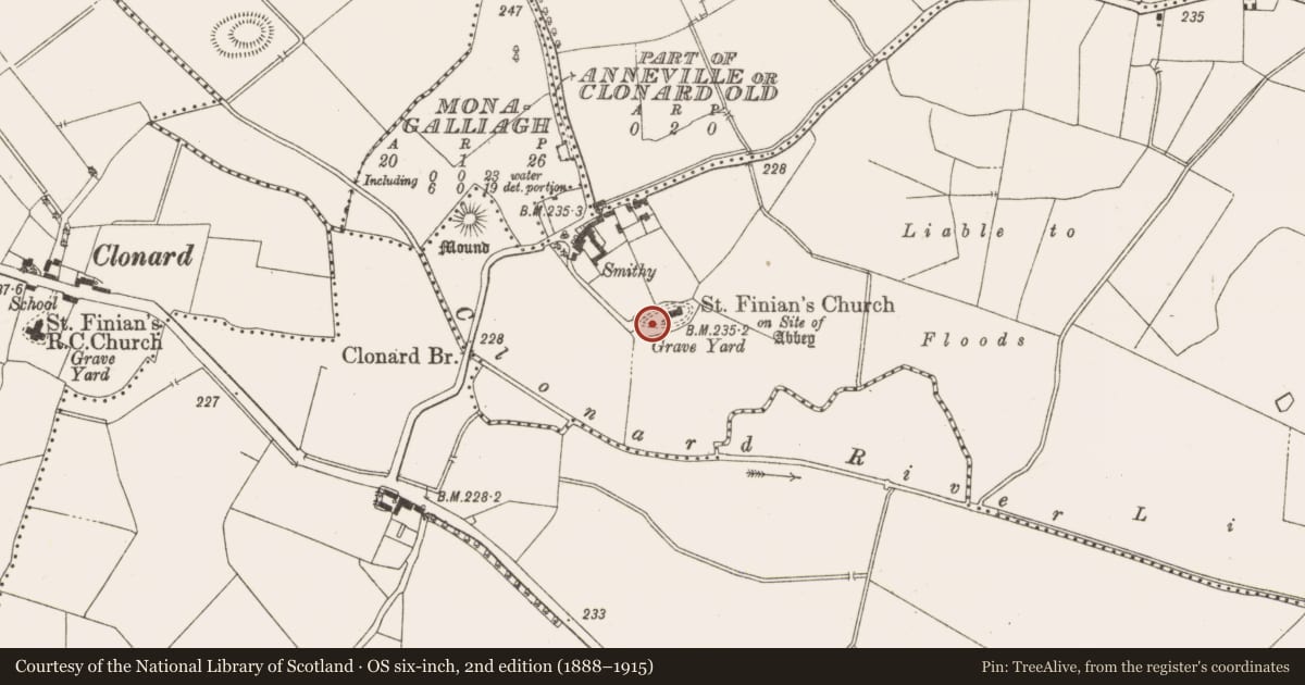 Ordnance Survey six-inch map, 2nd edition (1888–1915) covering the location of Stone trough, Anneville Or Clonard Old, County Meath, with a pin at the register's coordinates