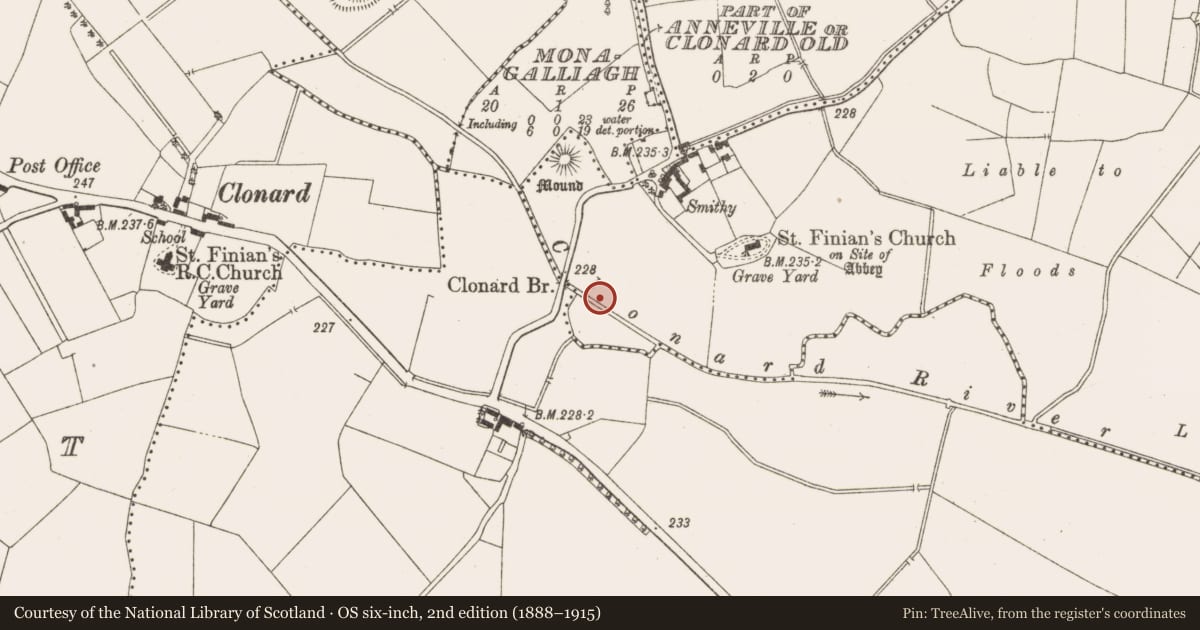 Ordnance Survey six-inch map, 2nd edition (1888–1915) covering the location of Burial, Anneville Or Clonard Old, County Meath, with a pin at the register's coordinates