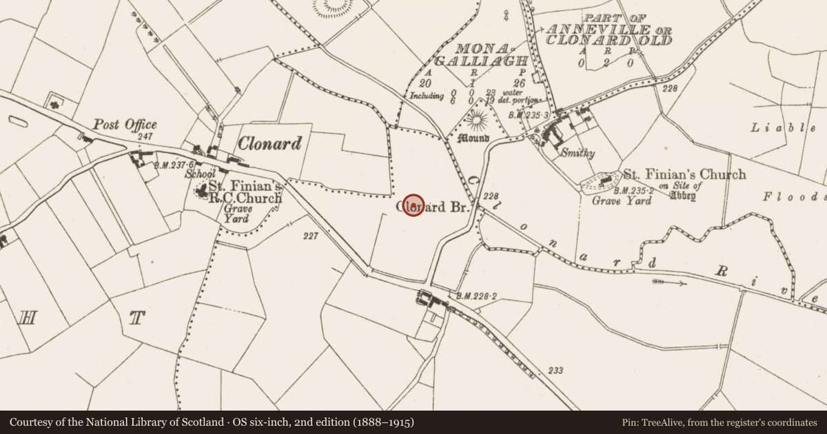 Ordnance Survey six-inch map, 2nd edition (1888–1915) covering the location of Burial ground, Mulphedder, County Meath, with a pin at the register's coordinates