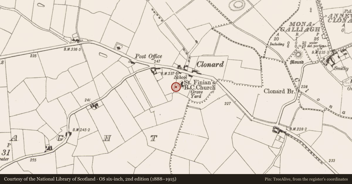 Ordnance Survey six-inch map, 2nd edition (1888–1915) covering the location of Font (present location), Towlaght, County Meath, with a pin at the register's coordinates