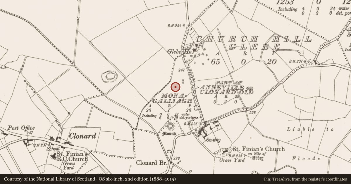 Ordnance Survey six-inch map, 2nd edition (1888–1915) covering the location of Excavation - miscellaneous, Monagalliagh, County Meath, with a pin at the register's coordinates