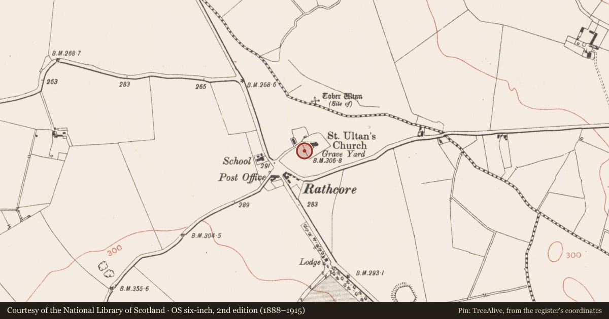 Ordnance Survey six-inch map, 2nd edition (1888–1915) covering the location of Headstone, Rathcore, County Meath, with a pin at the register's coordinates