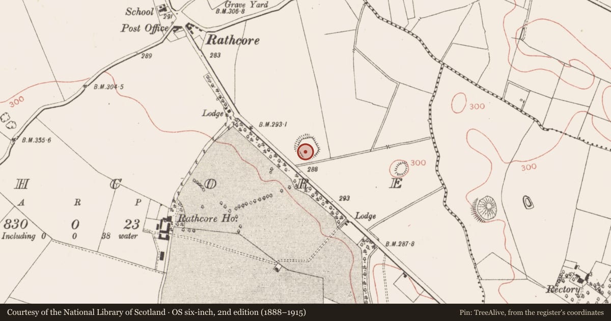 Ordnance Survey six-inch map, 2nd edition (1888–1915) covering the location of Ringfort - rath, Rathcore, County Meath, with a pin at the register's coordinates