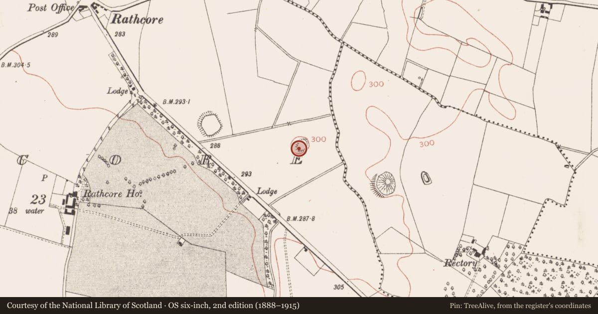 Ordnance Survey six-inch map, 2nd edition (1888–1915) covering the location of Ringfort - rath, Rathcore, County Meath, with a pin at the register's coordinates