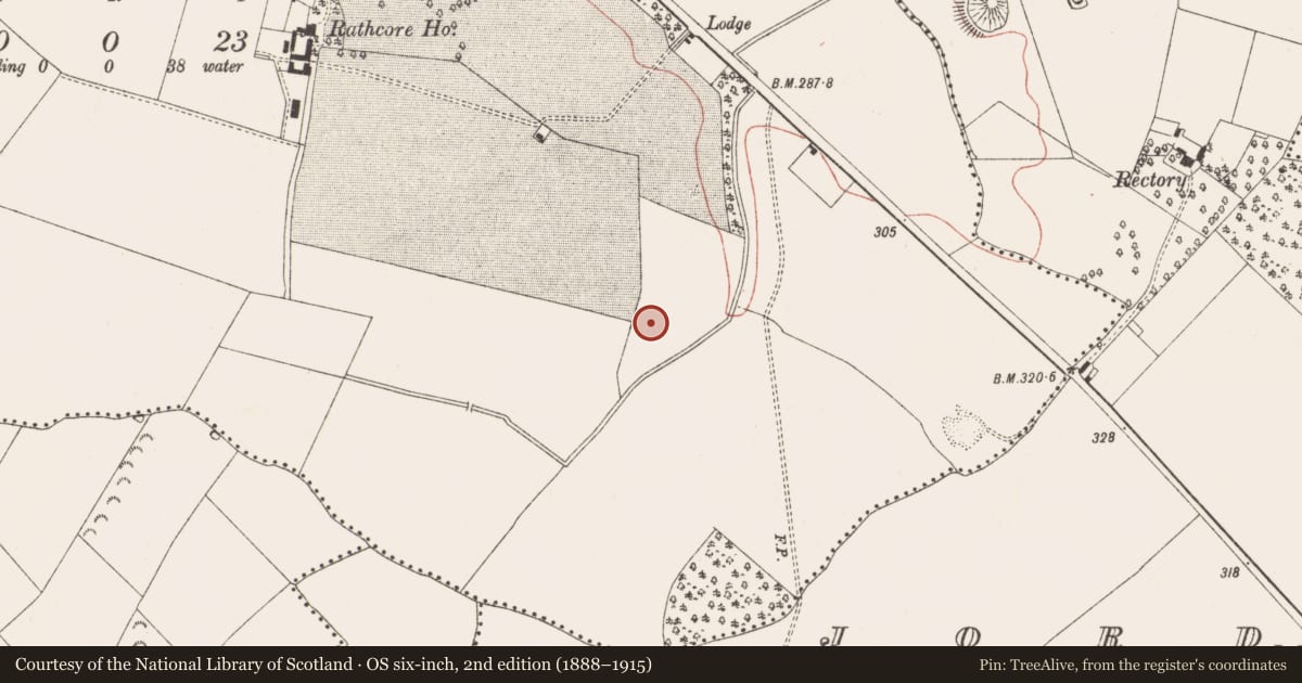 Ordnance Survey six-inch map, 2nd edition (1888–1915) covering the location of Ringfort - rath, Rathcore, County Meath, with a pin at the register's coordinates