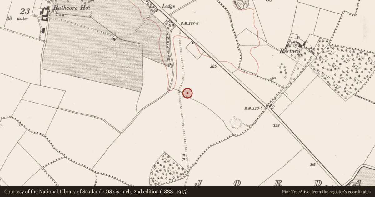Ordnance Survey six-inch map, 2nd edition (1888–1915) covering the location of Ringfort - rath, Rathcore, County Meath, with a pin at the register's coordinates