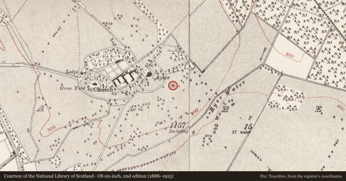 Ordnance Survey six-inch map, 2nd edition (1888–1915) covering the location of Settlement deserted - medieval, Agher (Deece Upper By., Agher Par.), County Meath, with a pin at the register's coordinates