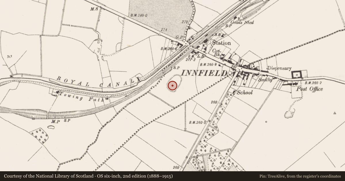 Ordnance Survey six-inch map, 2nd edition (1888–1915) covering the location of Enclosure - large enclosure, Posseckstown, County Meath, with a pin at the register's coordinates