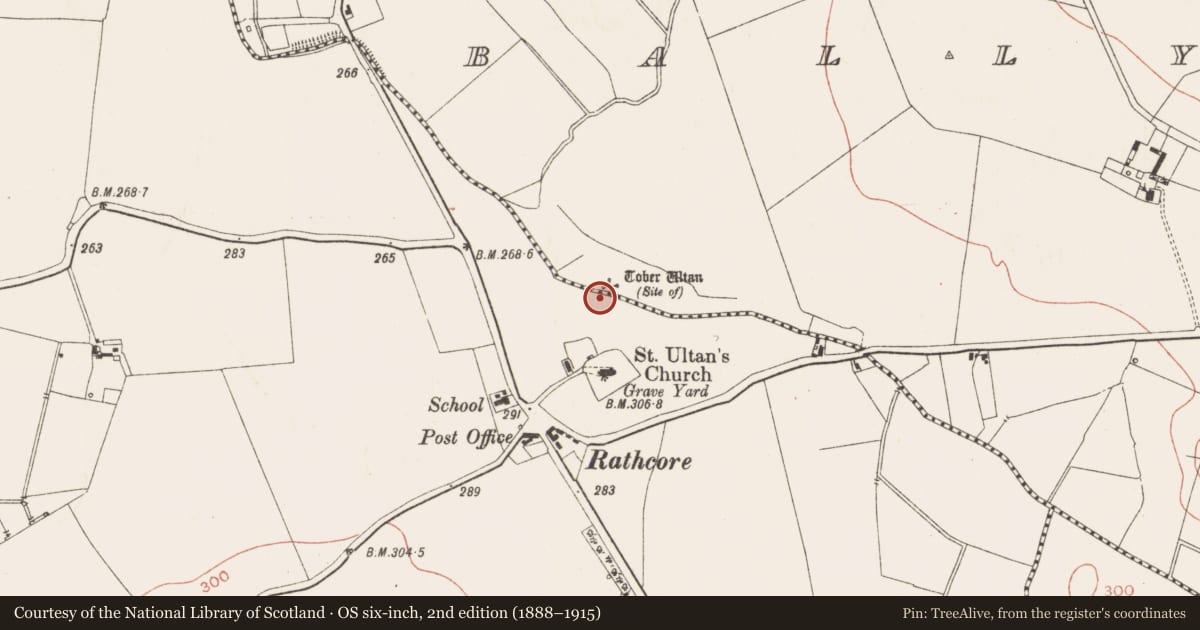 Ordnance Survey six-inch map, 2nd edition (1888–1915) covering the location of Ritual site - holy well, Ballynaskea, County Meath, with a pin at the register's coordinates