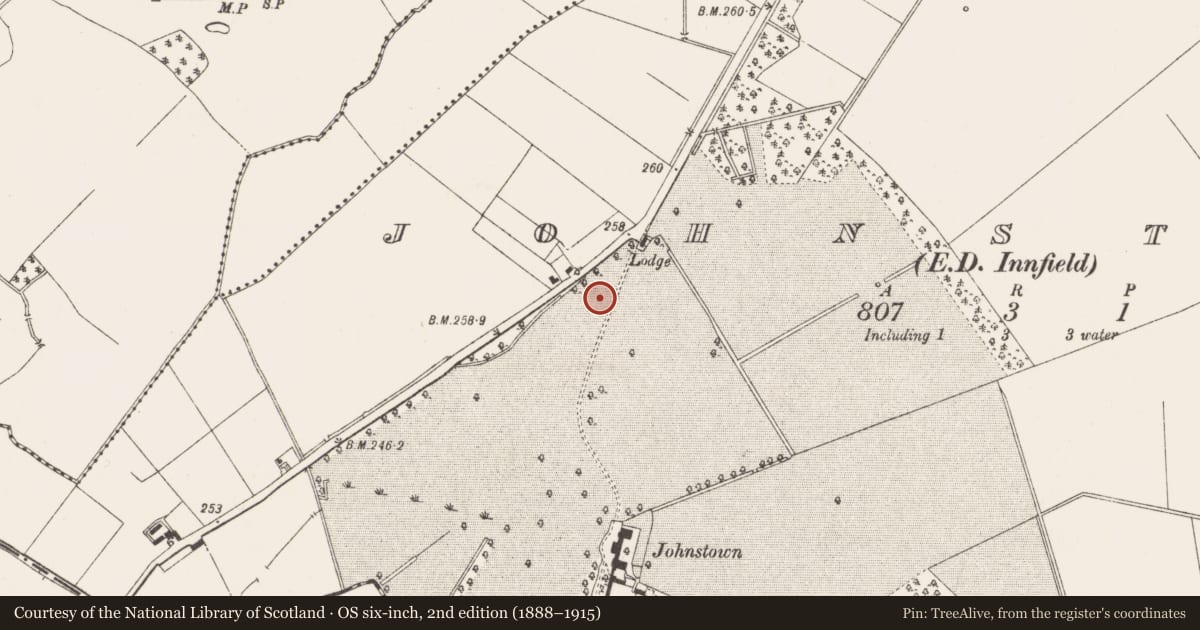 Ordnance Survey six-inch map, 2nd edition (1888–1915) covering the location of Fulacht fia, Johnstown (Moyfenrath Lower By., Rathcore Par.), County Meath, with a pin at the register's coordinates