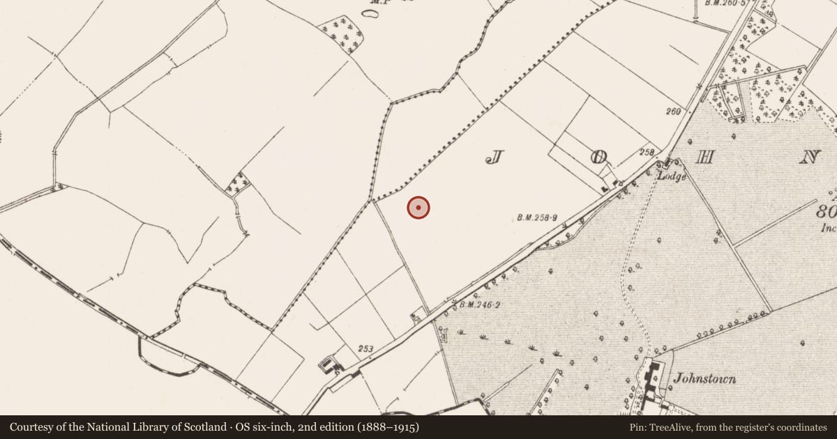 Ordnance Survey six-inch map, 2nd edition (1888–1915) covering the location of Burial ground, Johnstown (Moyfenrath Lower By., Rathcore Par.), County Meath, with a pin at the register's coordinates