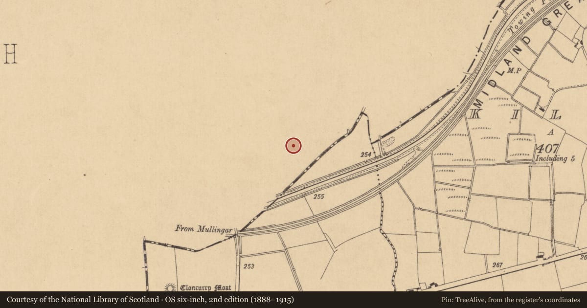 Ordnance Survey six-inch map, 2nd edition (1888–1915) covering the location of Burial, Ballinderrin, County Meath, with a pin at the register's coordinates