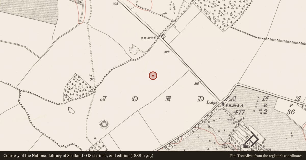 Ordnance Survey six-inch map, 2nd edition (1888–1915) covering the location of Burial ground, Jordanstown, County Meath, with a pin at the register's coordinates