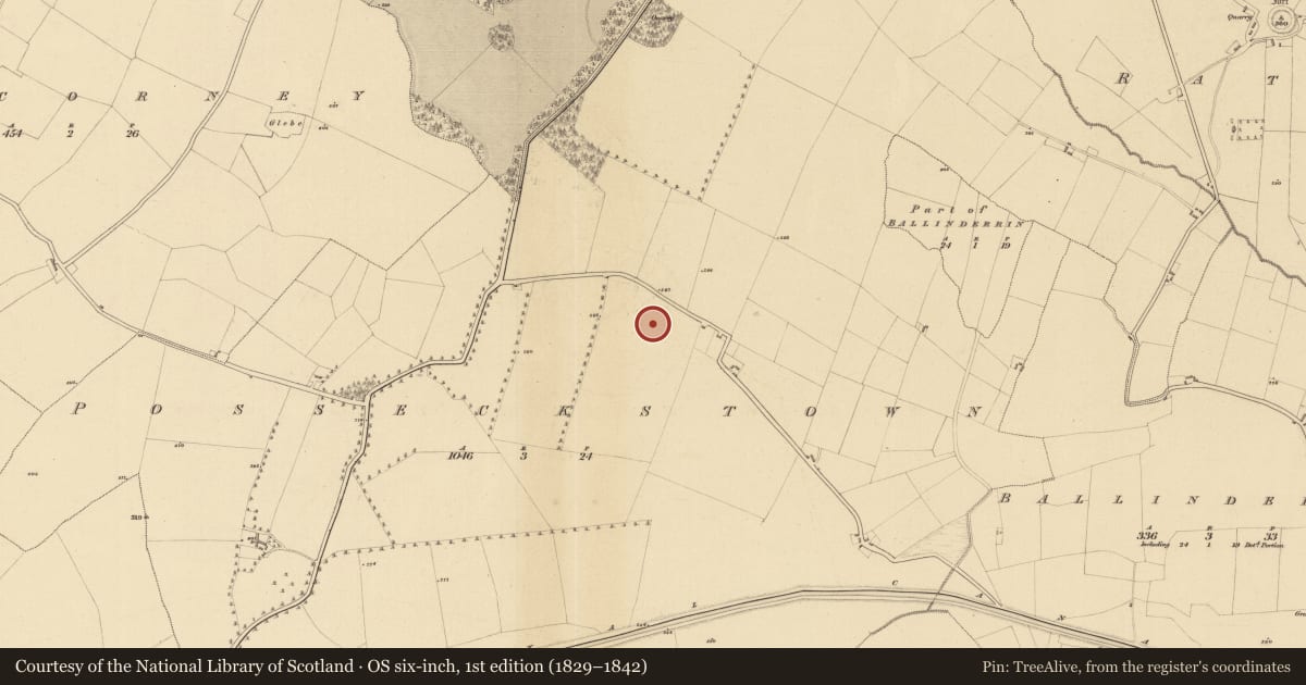 Ordnance Survey six-inch map, 1st edition (1829–1842) covering the location of Ringfort - rath, Posseckstown, County Meath, with a pin at the register's coordinates