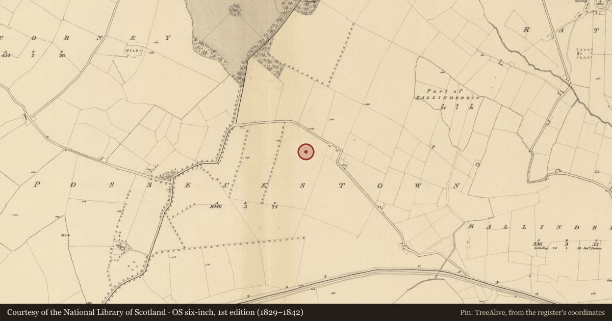 Ordnance Survey six-inch map, 1st edition (1829–1842) covering the location of Enclosure, Posseckstown, County Meath, with a pin at the register's coordinates
