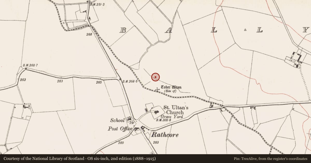 Ordnance Survey six-inch map, 2nd edition (1888–1915) covering the location of Ringfort - rath, Ballynaskea, County Meath, with a pin at the register's coordinates