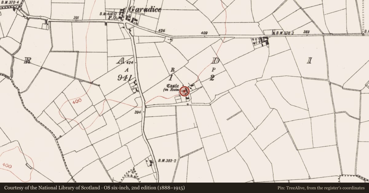 Ordnance Survey six-inch map, 2nd edition (1888–1915) covering the location of Castle - tower house, Garadice, County Meath, with a pin at the register's coordinates