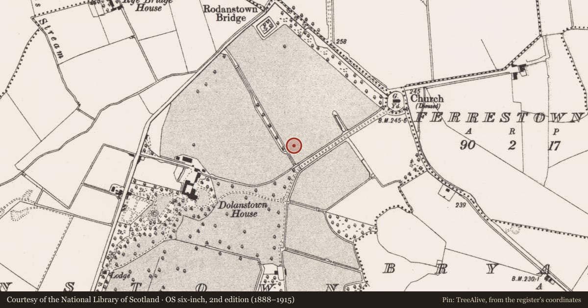 Ordnance Survey six-inch map, 2nd edition (1888–1915) covering the location of Barrow - ring-barrow, Dolanstown, County Meath, with a pin at the register's coordinates