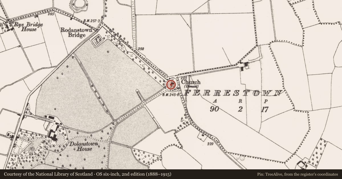 Ordnance Survey six-inch map, 2nd edition (1888–1915) covering the location of Church, Rodanstown, County Meath, with a pin at the register's coordinates