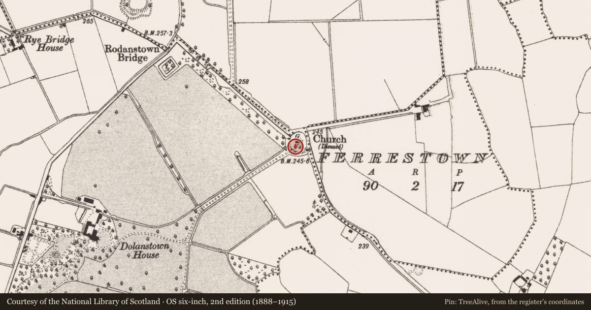 Ordnance Survey six-inch map, 2nd edition (1888–1915) covering the location of Graveyard, Rodanstown, County Meath, with a pin at the register's coordinates
