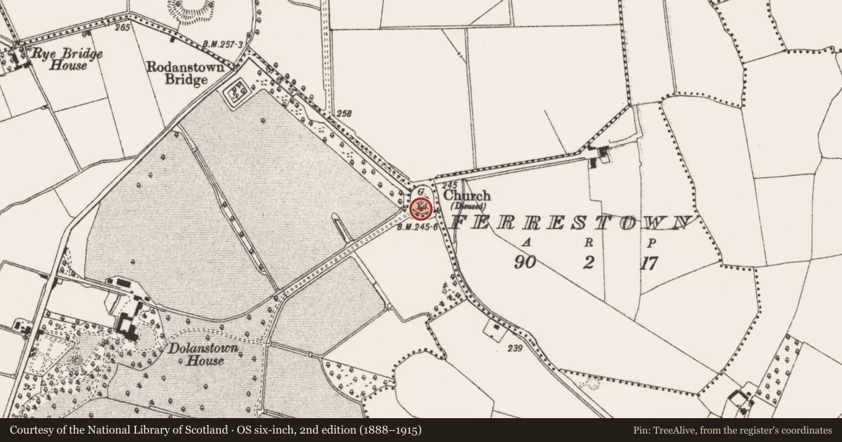 Ordnance Survey six-inch map, 2nd edition (1888–1915) covering the location of Font, Rodanstown, County Meath, with a pin at the register's coordinates