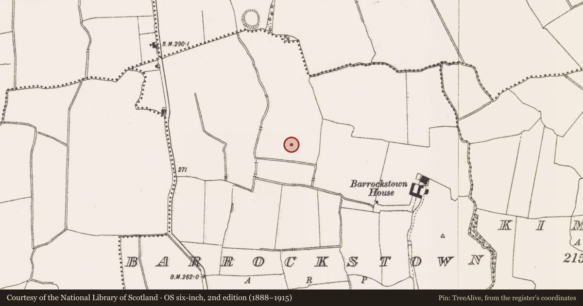 Ordnance Survey six-inch map, 2nd edition (1888–1915) covering the location of Enclosure, Barrockstown, County Meath, with a pin at the register's coordinates