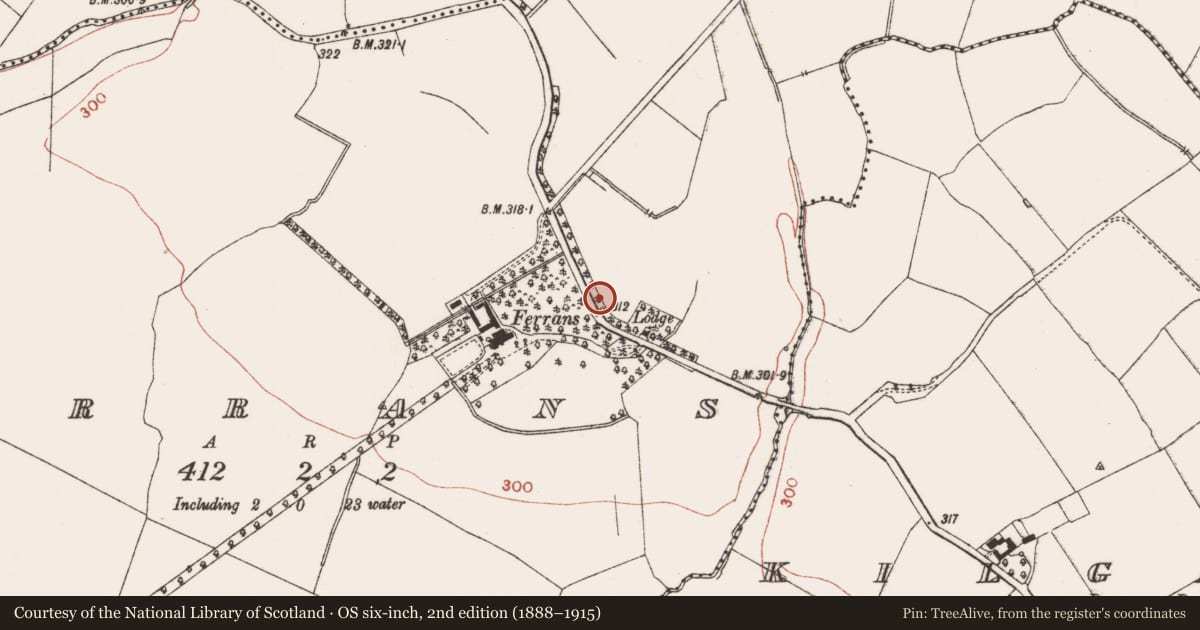 Ordnance Survey six-inch map, 2nd edition (1888–1915) covering the location of Burnt mound, Ferrans, County Meath, with a pin at the register's coordinates