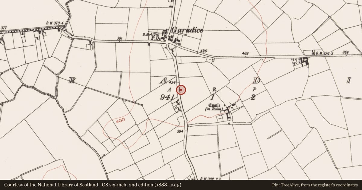 Ordnance Survey six-inch map, 2nd edition (1888–1915) covering the location of Kiln, Garadice, County Meath, with a pin at the register's coordinates