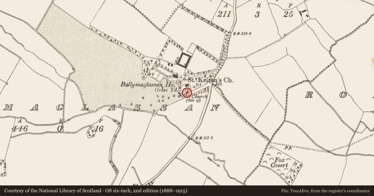 Ordnance Survey six-inch map, 2nd edition (1888–1915) covering the location of Church, Ballymaglassan, County Meath, with a pin at the register's coordinates