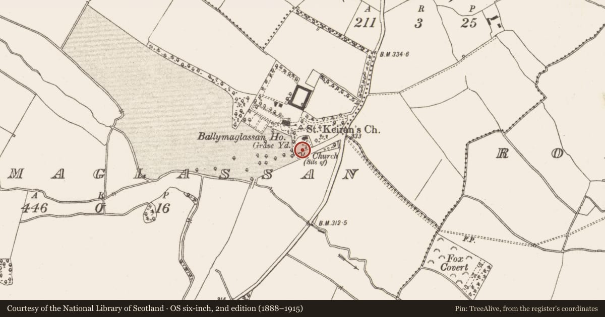 Ordnance Survey six-inch map, 2nd edition (1888–1915) covering the location of Graveyard, Ballymaglassan, County Meath, with a pin at the register's coordinates