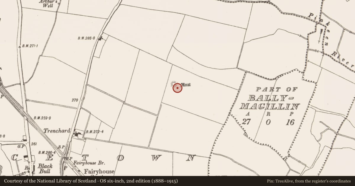 Ordnance Survey six-inch map, 2nd edition (1888–1915) covering the location of Ring-ditch, Piercetown, County Meath, with a pin at the register's coordinates